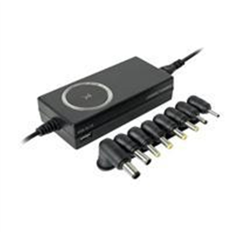 CARGADOR UNIVERSAL INTELIGENTE CON PUNTAS INTERCAMBIABLES Y PUERTO USB PERFECT CHOICE - NEGRO