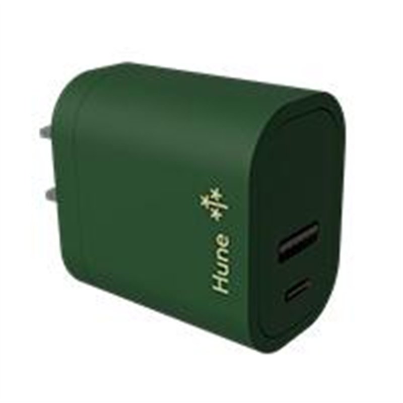 CARGADOR DE PARED HUNE HURON SUSTENTABLE 2 PUERTOS (USB A + TIPO C) CARGA SIMULTANEA (BOSQUE)