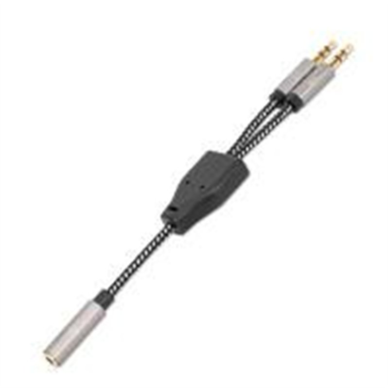 ADAPTADOR,MANHATTAN.356121, AUDIO 3.5MM 1 H A 2 M, 15CM, CABLE QUE DIVIDE AUDIO PARA AUDIFONO Y MIC, ALUMINIO PLATEADO