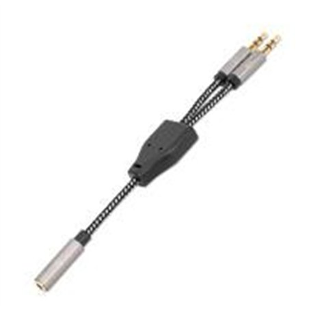 ADAPTADOR,MANHATTAN.356121, AUDIO 3.5MM 1 H A 2 M, 15CM, CABLE QUE DIVIDE AUDIO PARA AUDIFONO Y MIC, ALUMINIO PLATEADO