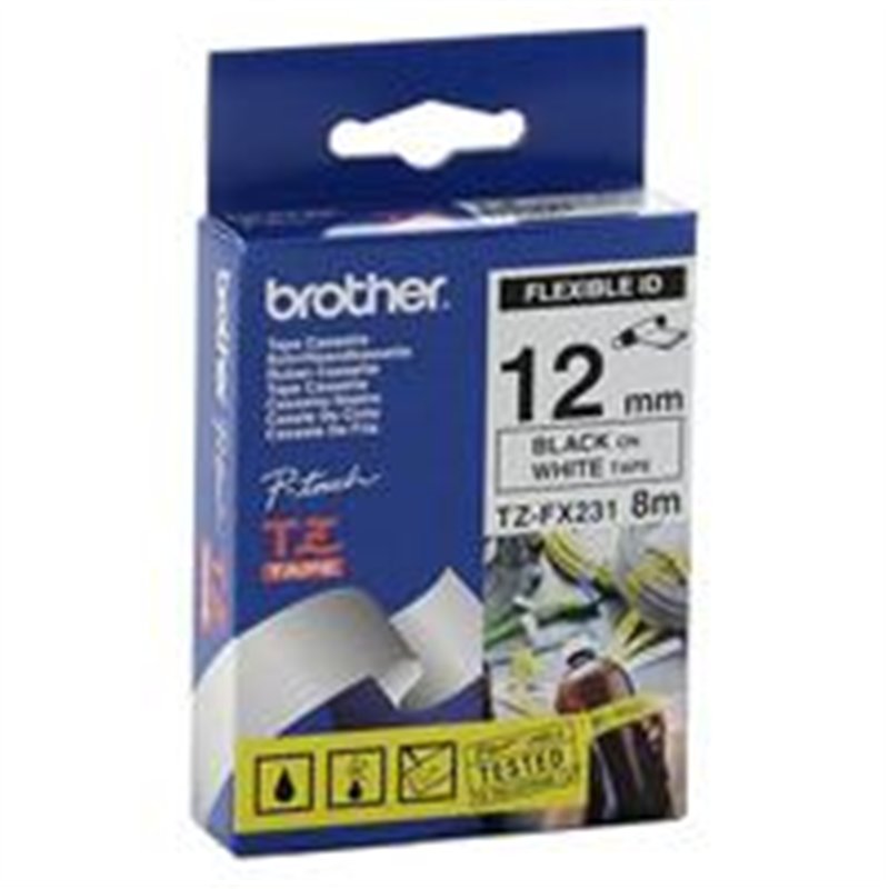 CINTA BROTHER TZEFX231 FLEXIBLE NEGRO SOBRE BLANCO DE 12MM