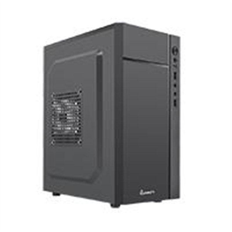 GABINETE QUARONI FRENTE ABS, NEGRO CON FRANJA TIPO FIBRA DE CARBONO, MICRO ATX / MINI ITX, FUENTE DE PODER INCLUIDA DE 500W