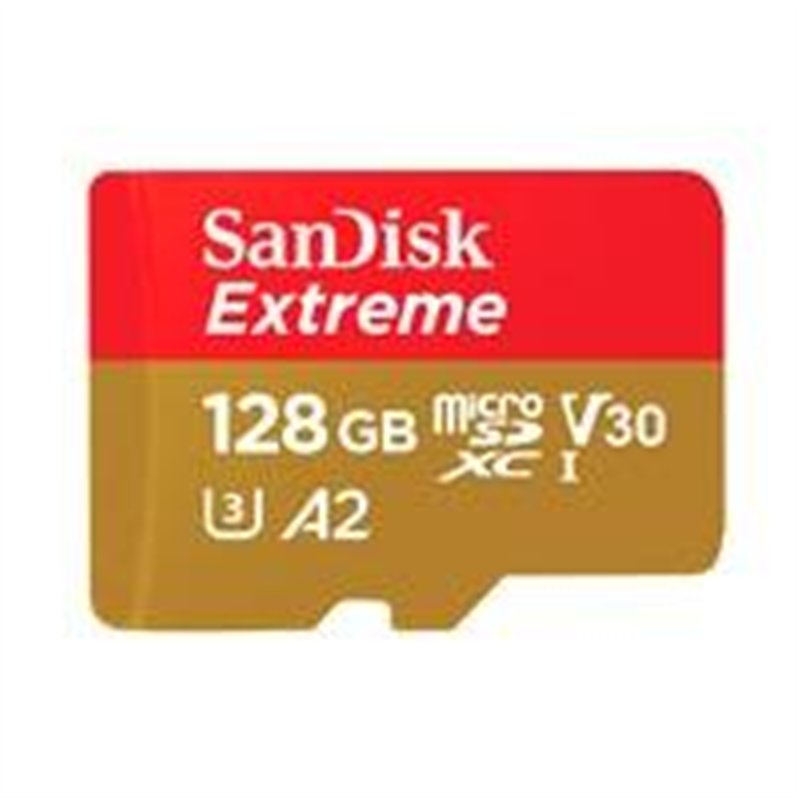 MEMORIA SANDISK MICRO SDXC 128GB EXTREME 190MB/S 4K CLASE 10 A2 V30 C/ADAPTADOR SDSQXAA-128G-GN6MA