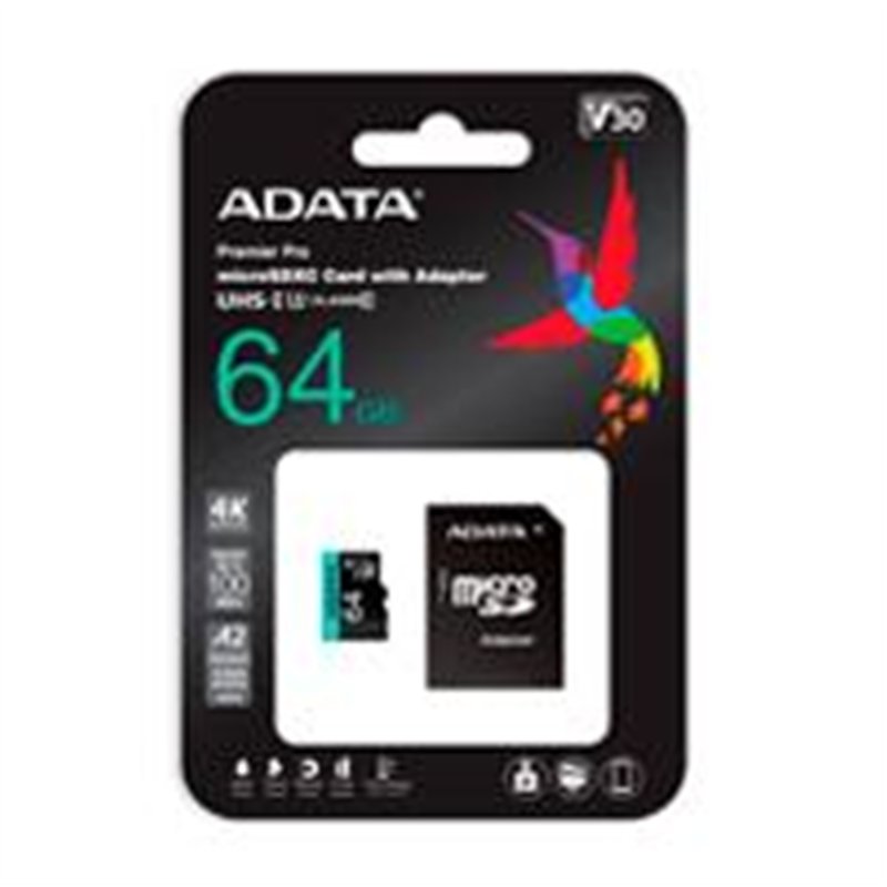 MEMORIA ADATA MICRO SDXC/SDHC 64GB UHS-I 100MB/80MB CLASE 10 V30 A2 C/ADAPTADOR (AUSDX64GUI3V30SA2-RA1)