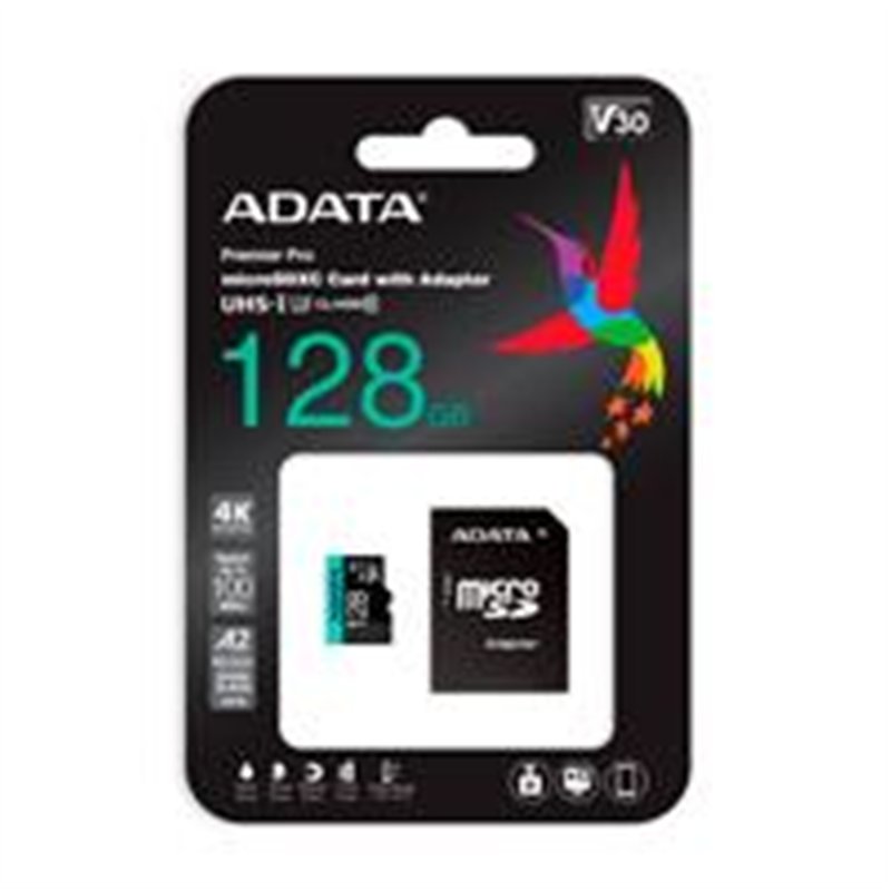 MEMORIA ADATA MICRO SDXC/SDHC 128GB UHS-I 100MB/85MB CLASE 10 V30 A2 C/ADAPTADOR ( AUSDX128GUI3V30SA2-RA1)