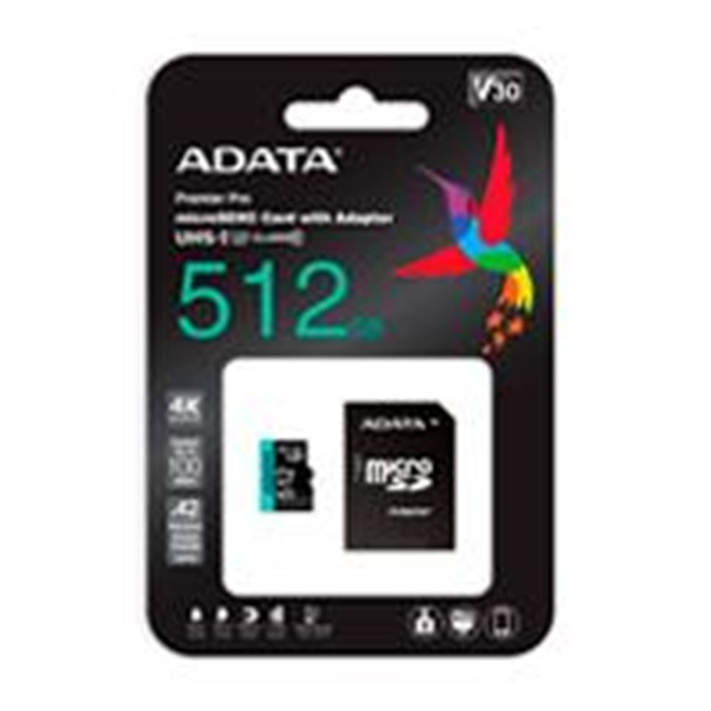 MEMORIA ADATA MICRO SDXC/SDHC 512GB UHS-I 100MB/85MB CLASE 10 V30 A2 C/ADAPTADOR (AUSDX512GUI3V30SA2-RA1)
